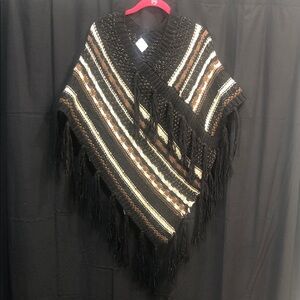 Striped Fringe Poncho-Cardigan-Shaw